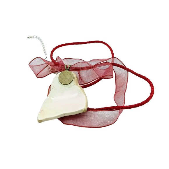 Vintage Red and White Ceramic Shard Pendant Necklace with Sheer Ribbon and Cord - Picture 5 of 5